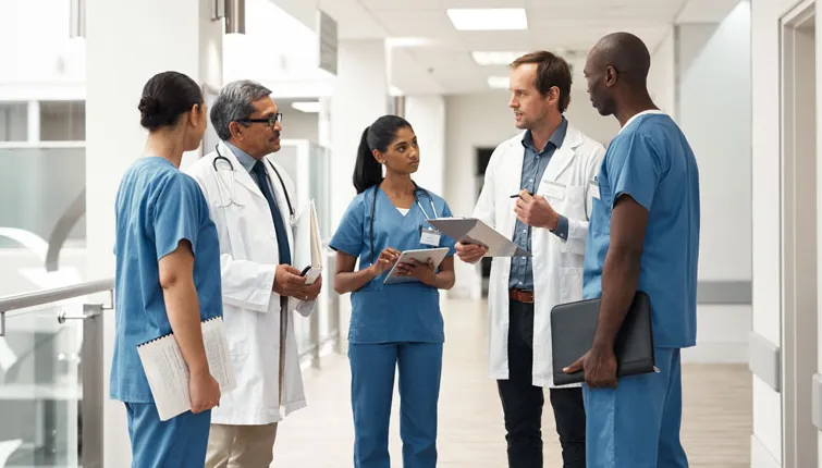 A group of physicians talking with each other