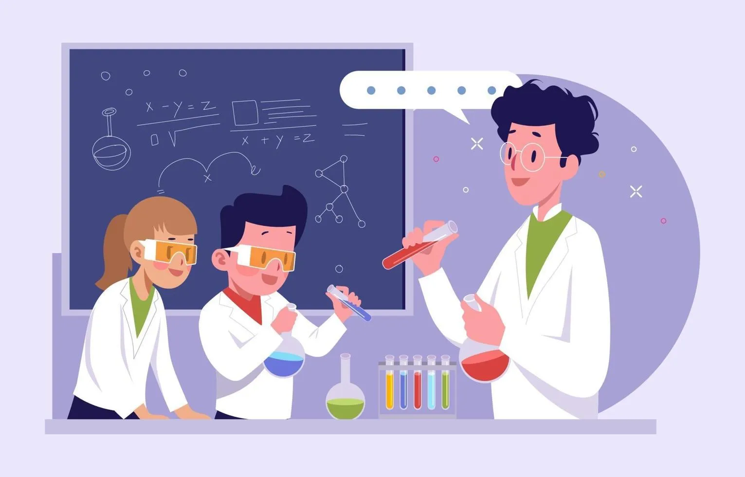 Three scientists, two younger, doing chemistry and holding vials 