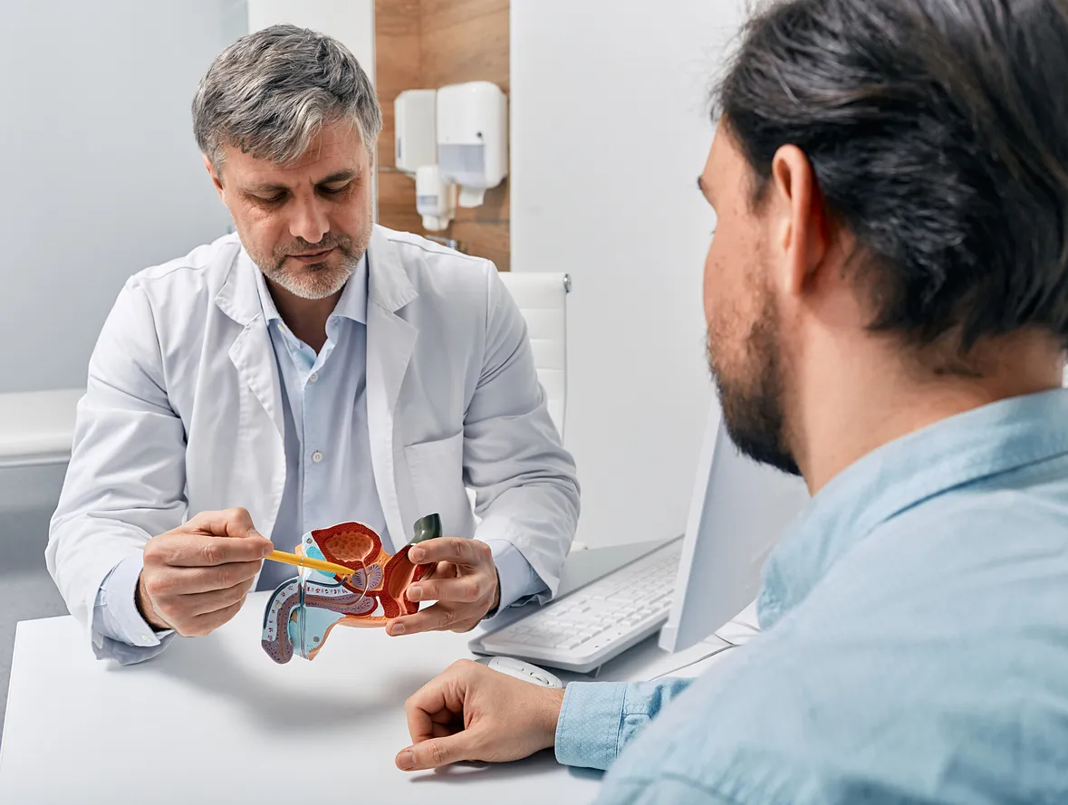 Urologist speaking with a patient using a diagram